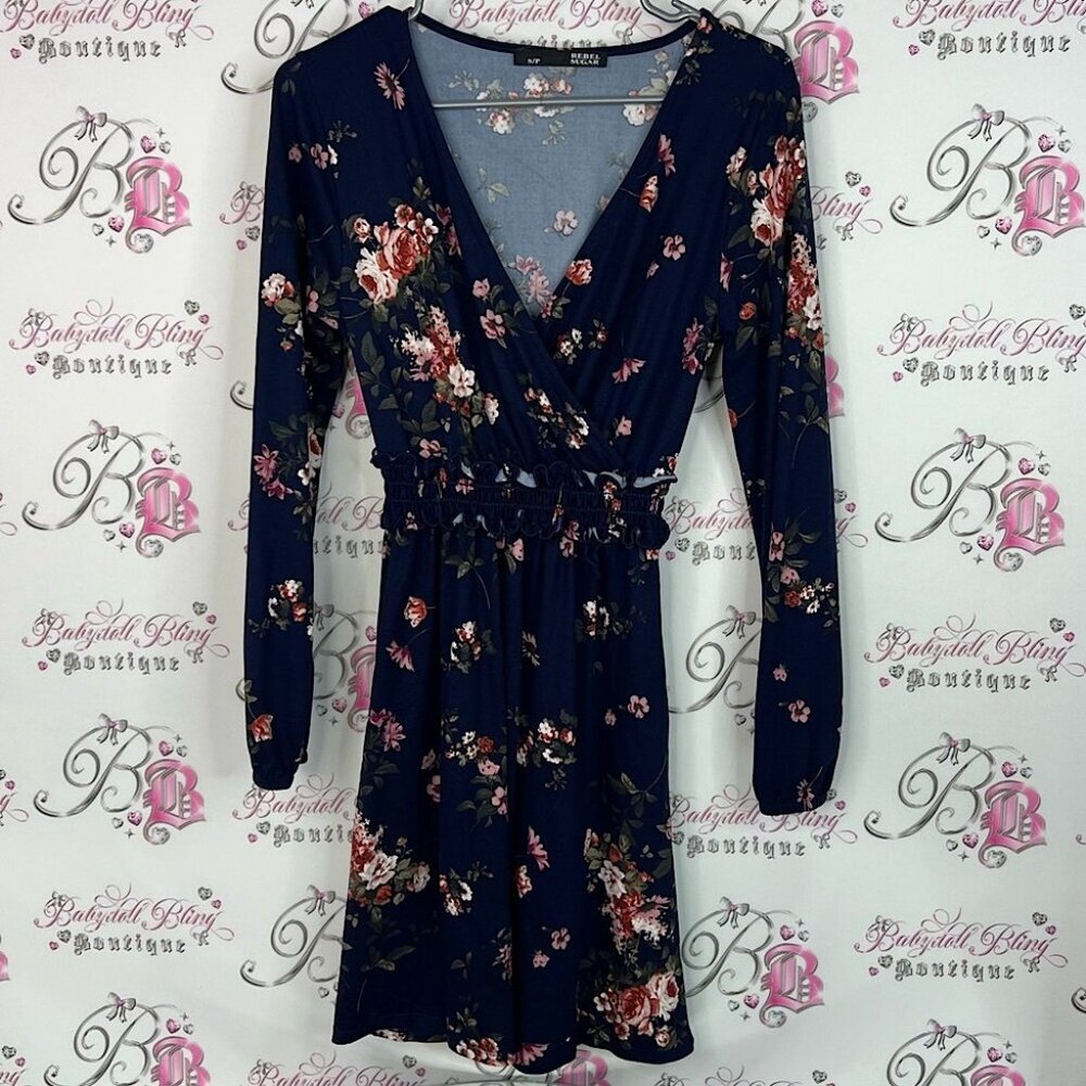 Rebel Sugar dress bubble sleeves smocked blue Navy Floral Long Sleeve Dress